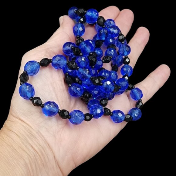 Art Deco Vintage Sapphire and Black Glass Flapper Necklace - Picture 5 of 8